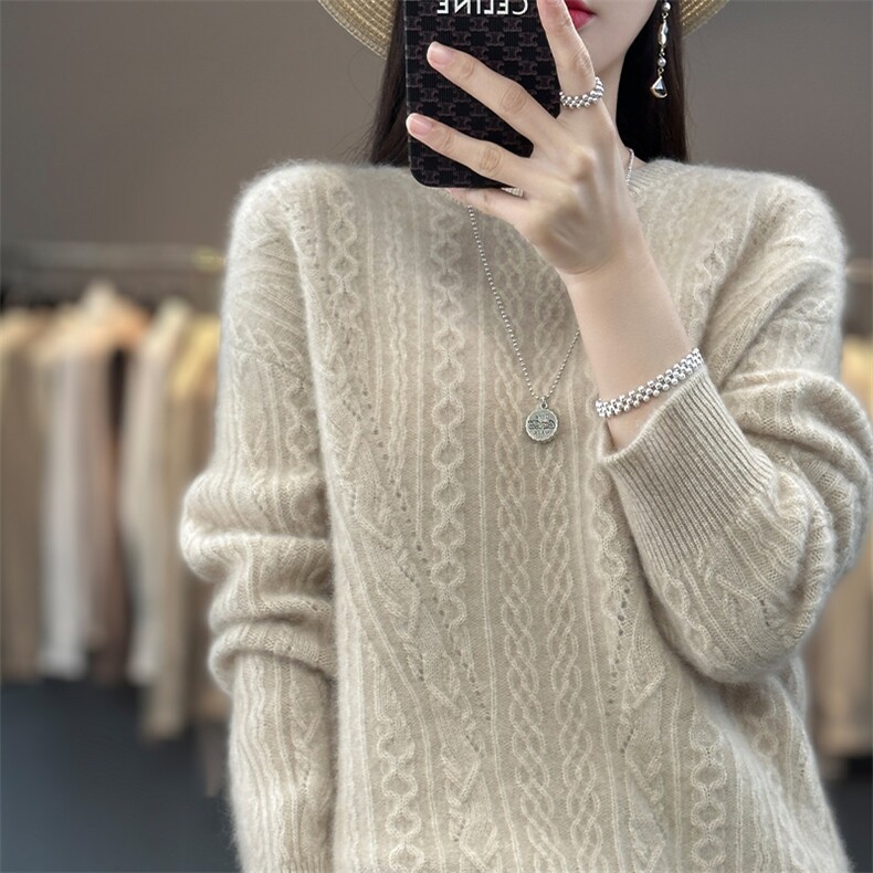 秋季新款镂空圆领衫女套头长袖毛衣百搭绞花羊毛打底针织衫，女装羊毛衫，魅途羊绒