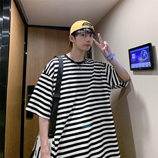 条纹男士短袖新款宽松简约原宿风百搭半袖ins港风衣服T641-P25，男装T恤，星座512-2