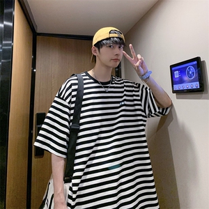 条纹男士短袖新款宽松简约原宿风百搭半袖ins港风衣服 T641-P25图片