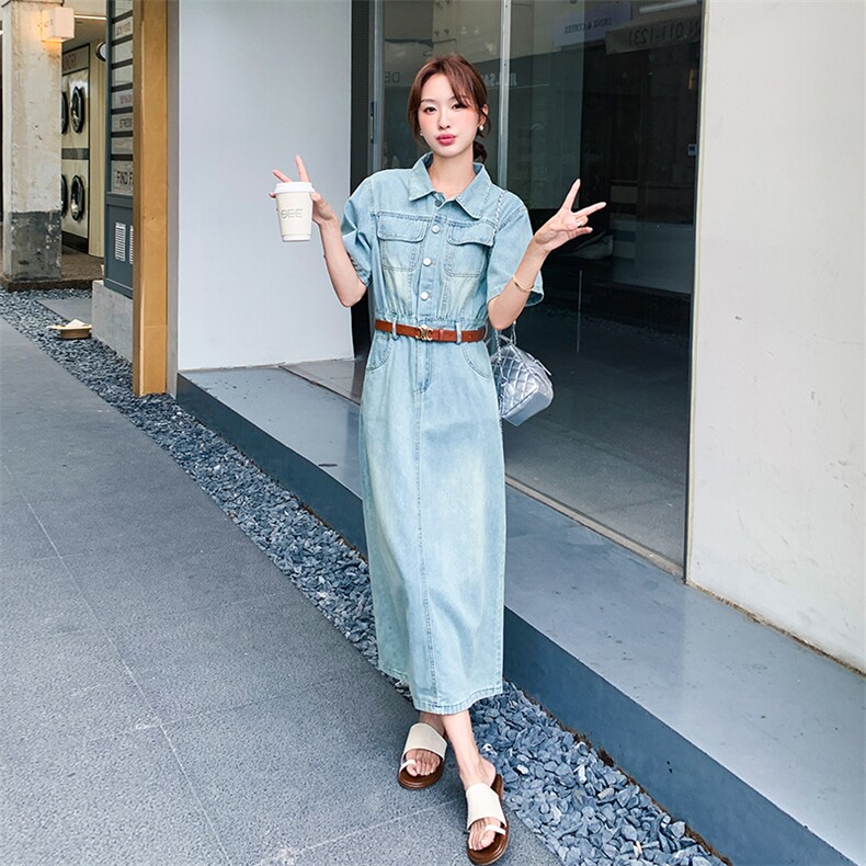 夏日蓝色复古收腰牛仔连衣裙2025新淡人港风设计感又酷又飒中长裙图片