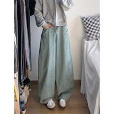 美式复古条纹设计感弯刀廓形工装牛仔裤男女高街宽松拖地阔腿长裤，男装休闲裤，星座1013