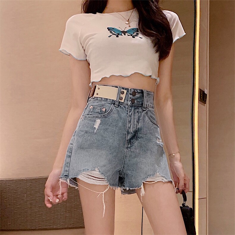 20夏季女装牛仔短裤新款高腰显瘦破洞宽松阔腿热裤-512，女装牛仔裤，星座905-1