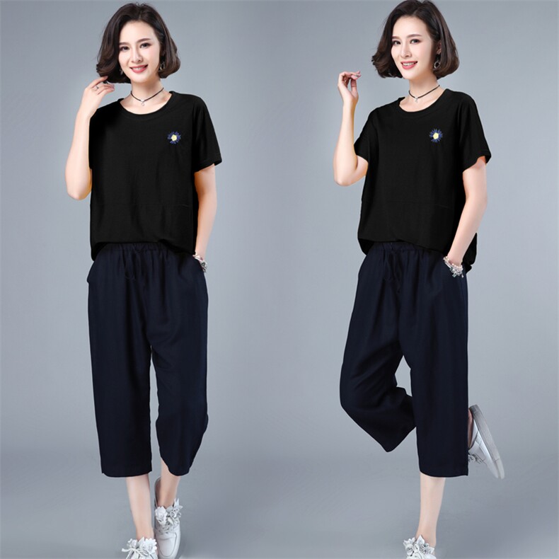 HANYU夏装新款两件套装女T恤小衫女小雏菊绣花点缀宽松显瘦,女装套装/套裙,涵誉