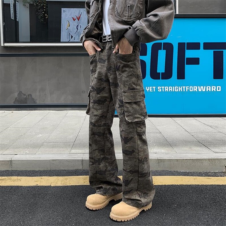 高街迷彩工装裤多口袋大码拼接显瘦微喇裤男K24054-特P58控108，男装工装外套，电商A001