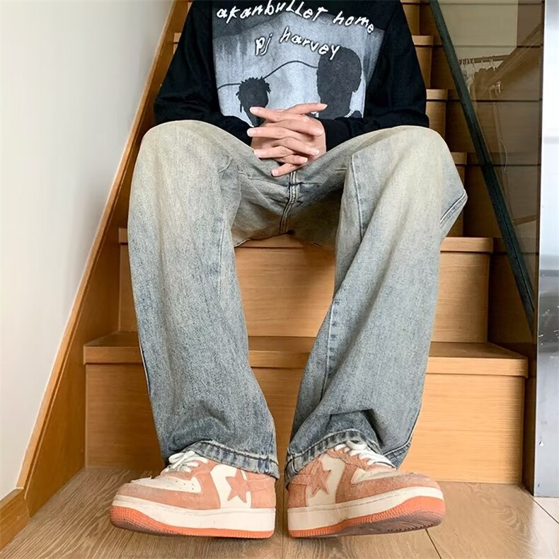 新款潮牌男士牛仔裤美式复古秋冬宽松直筒高街阔腿长裤子N443-P45,男装牛仔裤,星座1008-1
