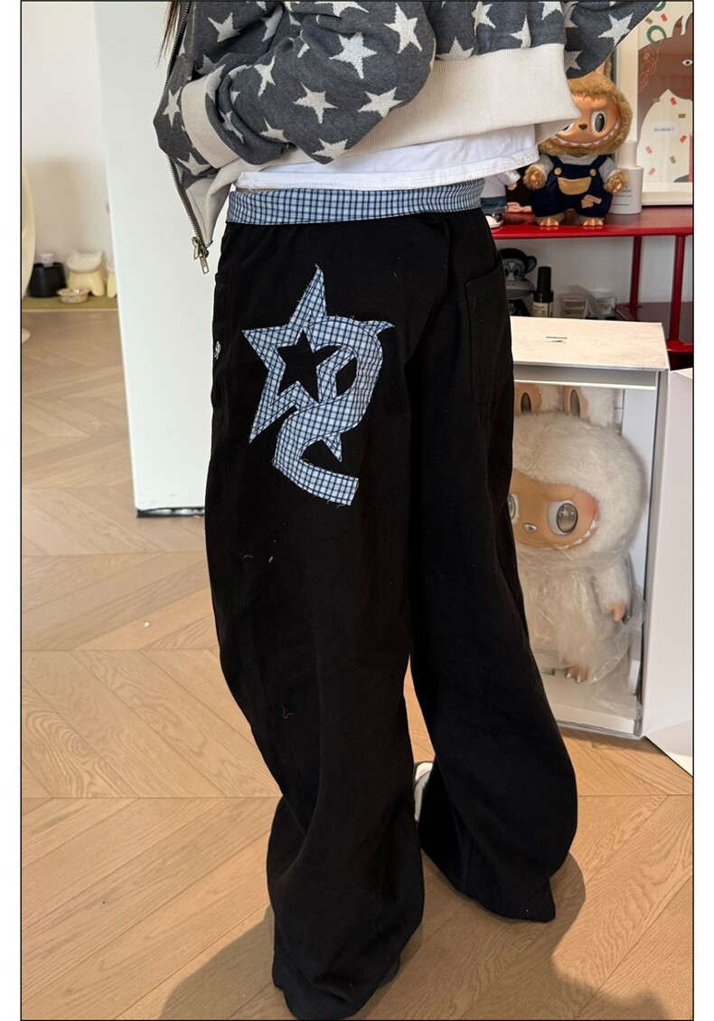 春秋新款宽松弯刀裤女高腰显瘦刺绣直筒休闲牛仔裤阔腿裤,男装牛仔裤,四季星座505
