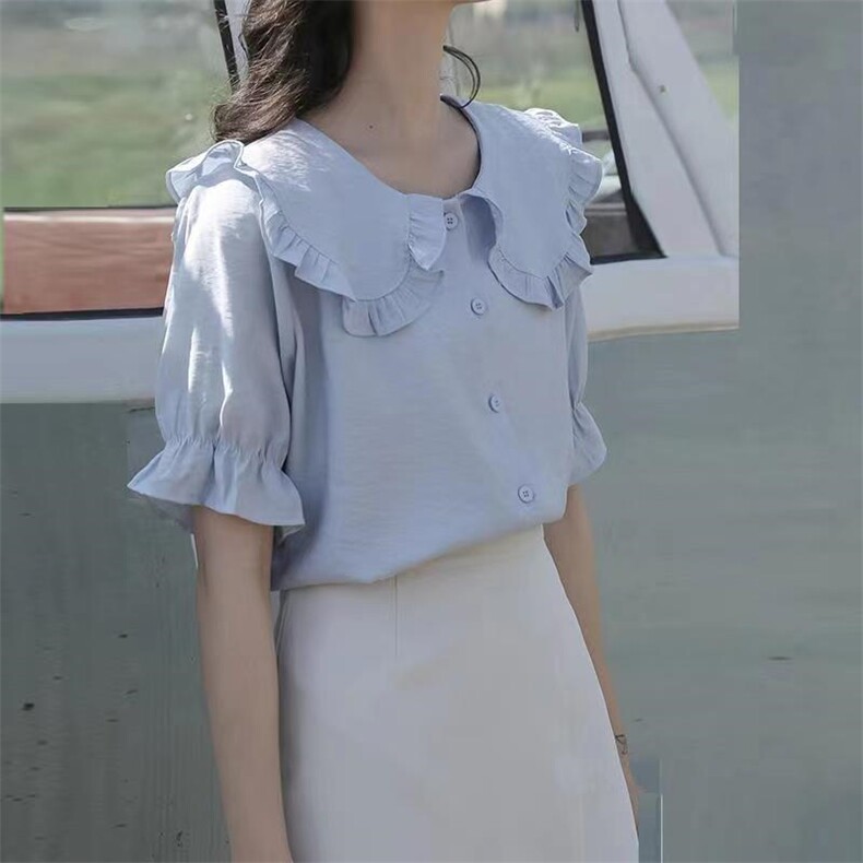 法式娃娃领短袖衬衫女2021夏季新款甜美设计感小众超仙小清新上衣，女装衬衫，潮品会