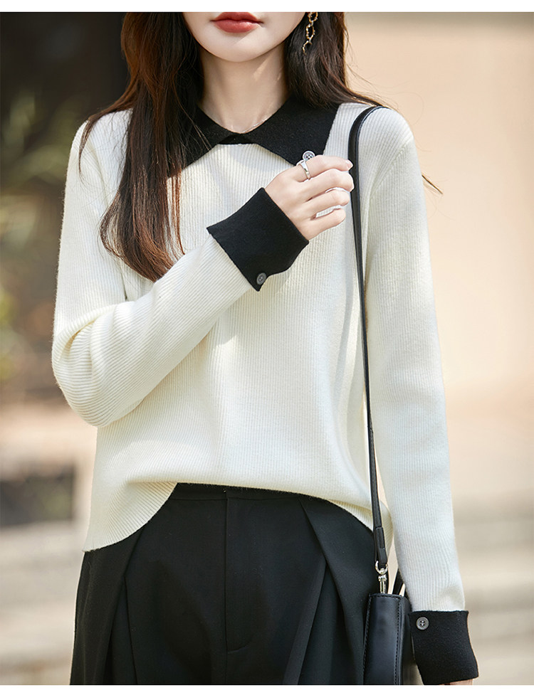 2025年秋季套头羊毛翻领撞色打底衫，女装羊毛衫，圣丽羊绒