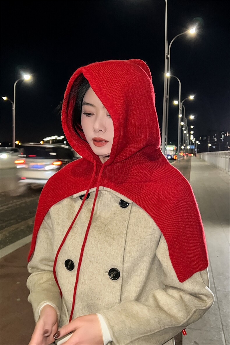 斗篷连帽披肩纯羊毛2024冬季帽子一体外搭套头护耳保暖针织围脖女,饰品披肩,朝思羊绒