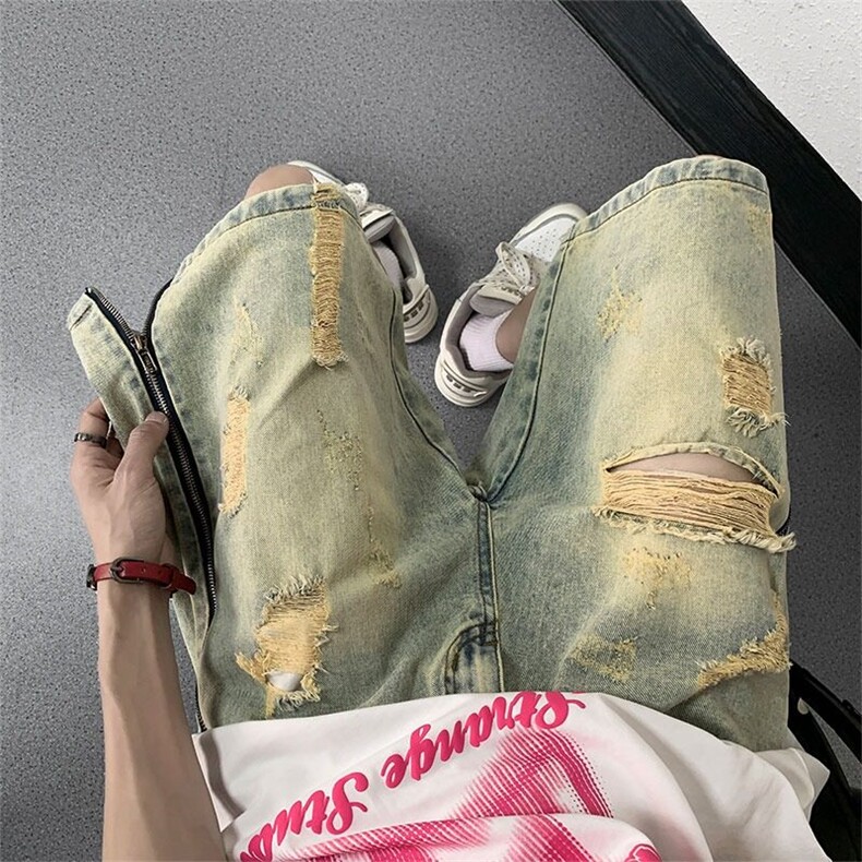 黄泥染破洞牛仔短裤男侧拉链夏季高街五分牛仔短裤网图DT166-P42，男装牛仔裤，星座1001-1