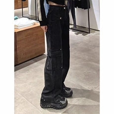 黑灰色宽松复古直筒牛仔裤女休闲女装显瘦美式高腰裤小个子秋阔腿，男装牛仔裤，星座506A