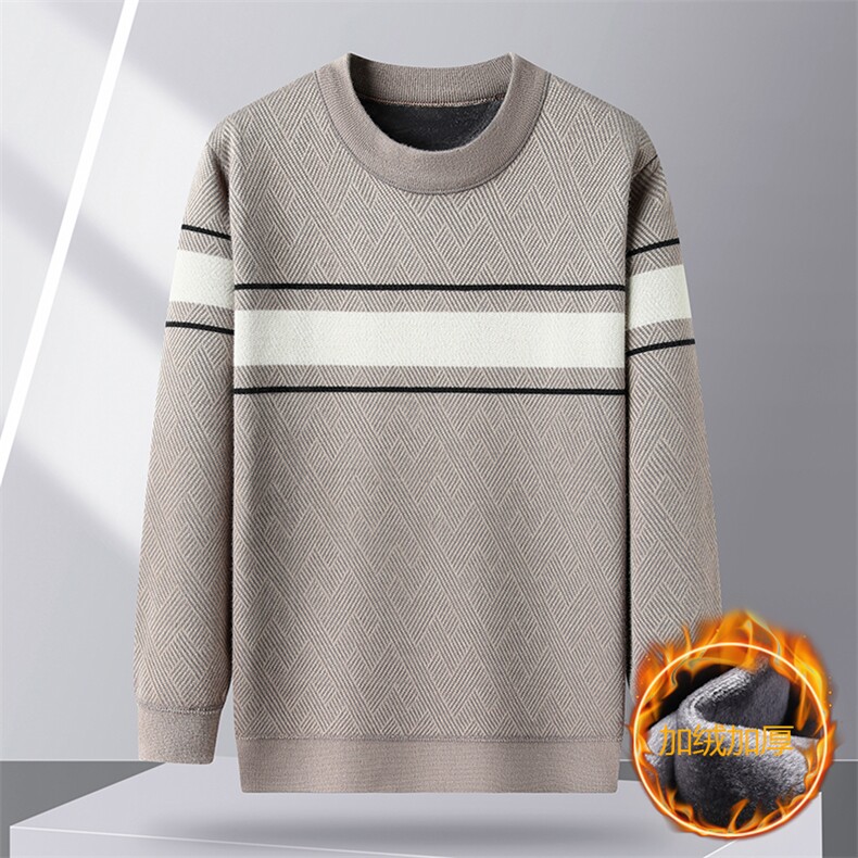 秋冬男士加绒加厚雪尼尔内搭打底衫时尚暖和圆领条纹针织衫男图片