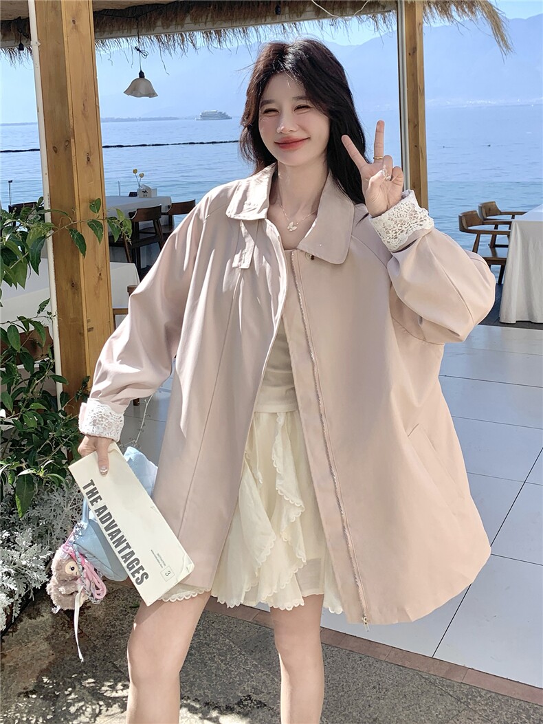 2026春装新款甜美粉色蕾丝袖口韩版休闲中长风衣外套女,女装风衣,时尚风爆