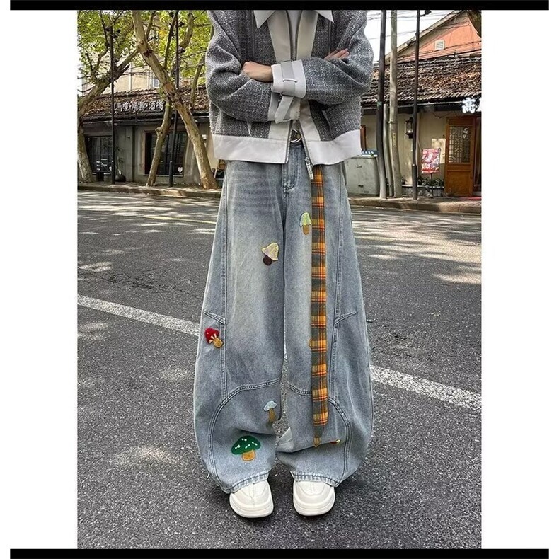超火蘑菇刺绣牛仔裤女男设计感美式水洗复古高腰显瘦阔腿拖地裤,男装牛仔裤,星座506A