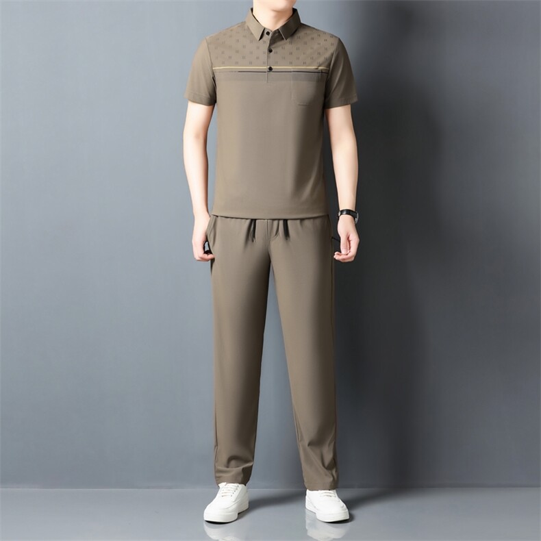 夏季男士短袖长裤套装POLO衫凉感透气翻领简约爸爸休闲冰丝套装,男装休闲套装,钱塘6003（原4033）