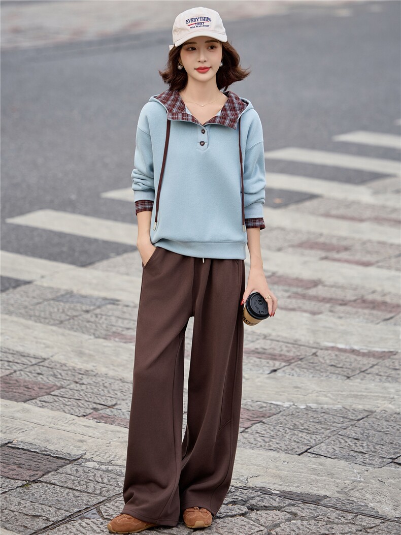 蓝色加绒连帽卫衣女2025冬季新款加厚两件套装宽松直筒卫裤撞色,女装卫衣/绒衫,梦懿尔