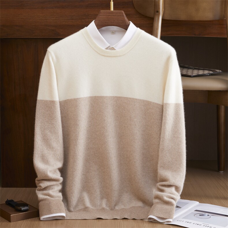 羊绒衫男羊绒针织毛衣秋冬撞色拼接套头打底衫，男装羊绒套衫，戎美山