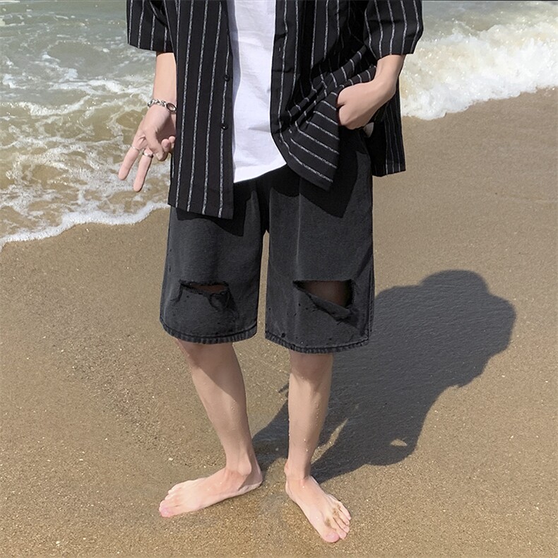 春夏破洞牛仔短裤男女宽松直筒五分裤712-N351S-XXLp38,男装牛仔裤,星座712