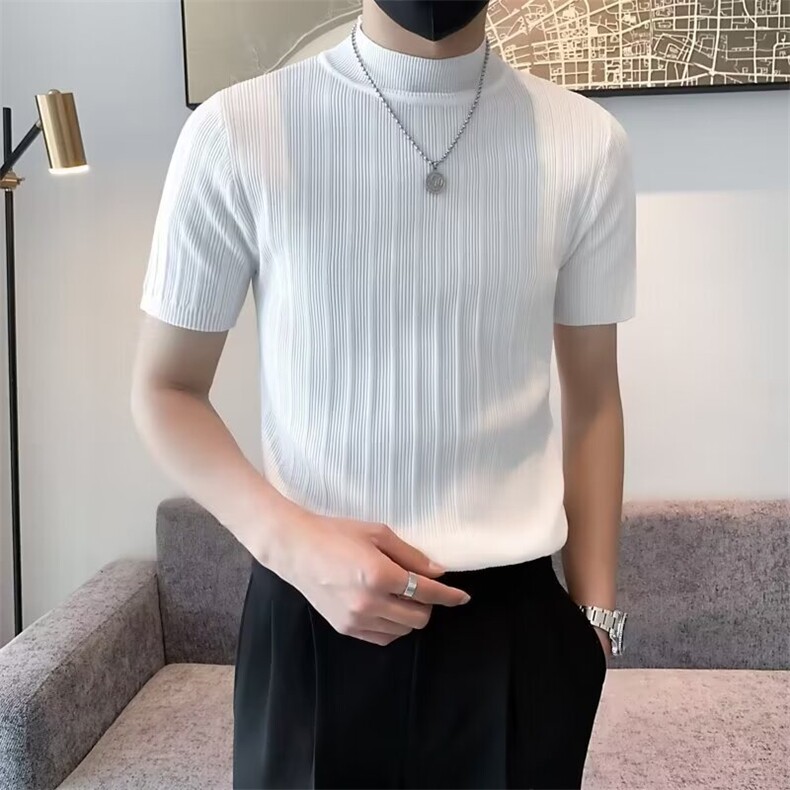 高质量夏季日系男条纹针织半高领T恤短袖修身纯色打底衫紧身上衣图片
