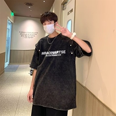 复古水洗做旧可拆卸袖子短袖t恤男女oversize宽松休闲T恤BT04P38，男装T恤，星座1116-2