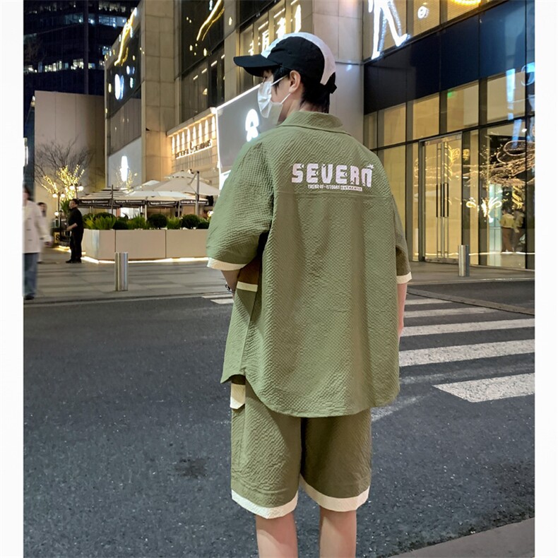 港风夏潮流印花拼接开衫宽松短袖衬衣短裤帅气套装A436-D218-P60,男装休闲套装,电商A436
