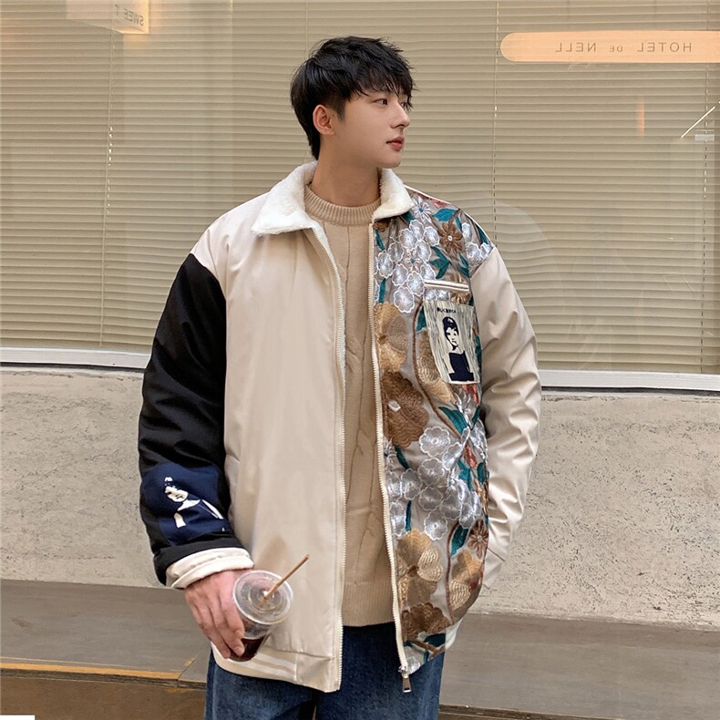 1港风外景刺绣拼接翻领羊羔毛大码M-5XL棉衣外套男8723P110控148,男装棉衣,星座226-2