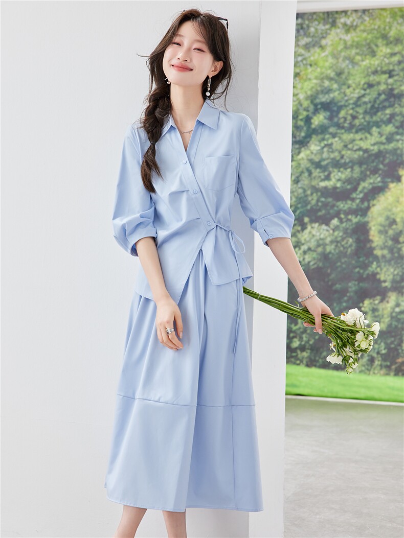 《现货26夏上新》蓝色气质收腰衬衫+半裙伞裙显瘦两件套女,女装套装/套裙,苗苗