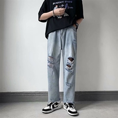 ins网红破洞牛仔裤男直筒宽松拖地阔腿裤夏季薄款老爹裤N8803-p40，男装牛仔裤，星座1008-1