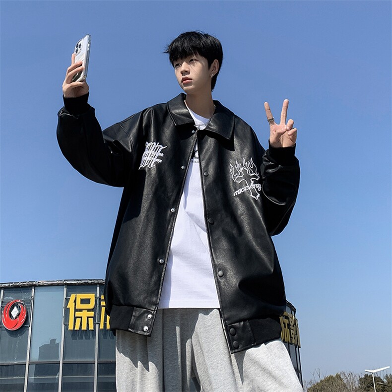 高品质秋款男皮衣翻领休闲夹克十字架字母印花外套JK023P85,男装夹克,星座1013-1