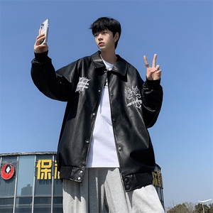 高品质秋款男皮衣翻领休闲夹克十字架字母印花外套JK023P85,秋裙搭配上身图片