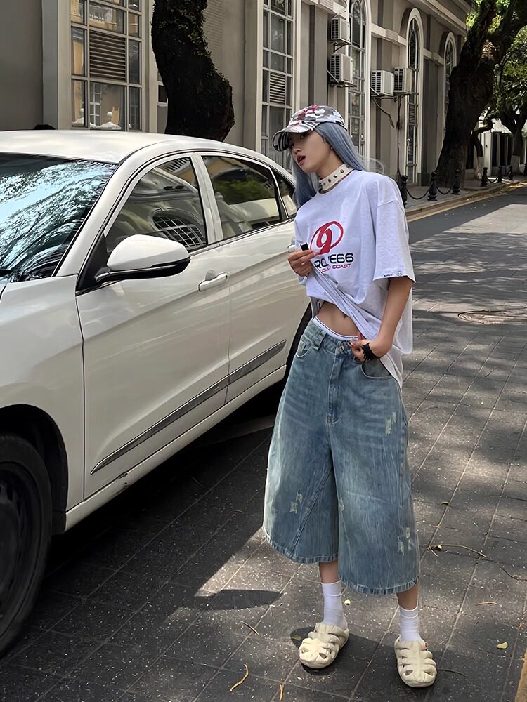 RMDT原创设计美式复古牛仔短裤男夏高腰宽松直筒阔腿七分中裤子,男装牛仔裤,四季星座505