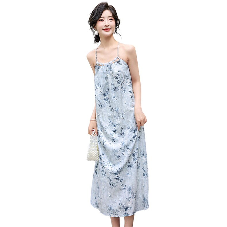 夏季新款吊带中长裙仙女优雅2024中式印花无袖连衣裙,女装连衣裙,冬木谷雨