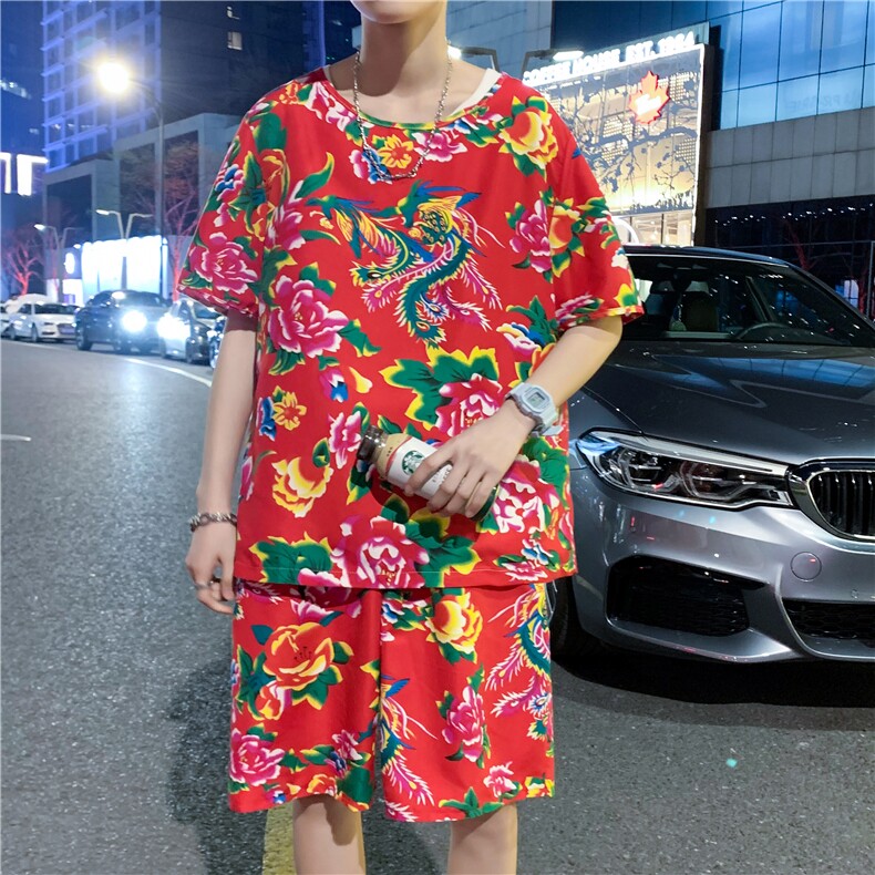 TZ203男女休闲东北大花短袖圆领T恤衫短裤可套装单选团队服风,男装休闲套装,星座115A(原星座507）