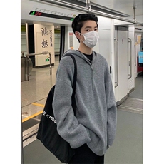 秋季潮套头休闲常规水洗慵懒风百搭纯色拉链宽松连帽毛衣长袖带帽，男装针织衫/毛衣，星座506