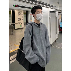 秋季潮套头休闲常规水洗慵懒风百搭纯色拉链宽松连帽毛衣长袖带帽图片