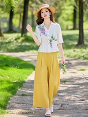 轻熟风时尚小翻领衬衫套装女2026夏气质绣花上衣阔腿裤两件套，女装套装/套裙，水衣源