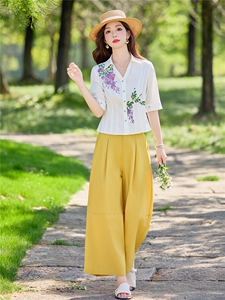 轻熟风时尚小翻领衬衫套装女2026夏气质绣花上衣阔腿裤两件套图片
