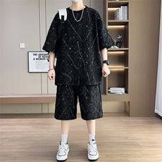 夏季港风套装男宽松满天星短袖T恤短裤休闲套装TZ6631-P55，男装牛仔裤，星座310B-3