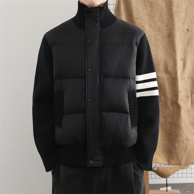设计感针织条纹拼接羽绒服男高领90鸭绒休闲上衣冬季保暖外套，男装羽绒服，星座914