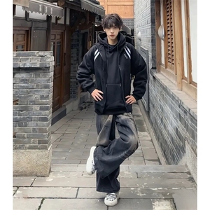 抖音得物高品质秋冬美式重磅结构织带撞色立领印花卫衣外套AW7004,胖高中学生服装搭配女图片