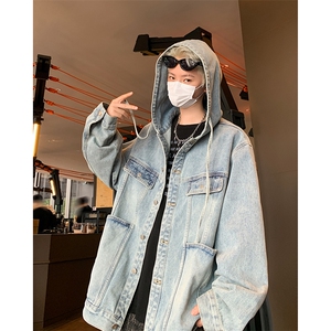 复古做旧水洗连帽牛仔外套男春秋季新款美式潮牌痞帅工装夹克上衣