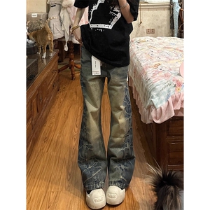 美式高街复古侧边捏褶微喇牛仔裤男女直筒阔腿休闲长裤潮图片