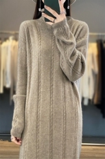 羊毛针织裙时尚麻花中长款连衣裙秋冬新款半高领打底衫，女装连衣裙，蒙莲贝斯