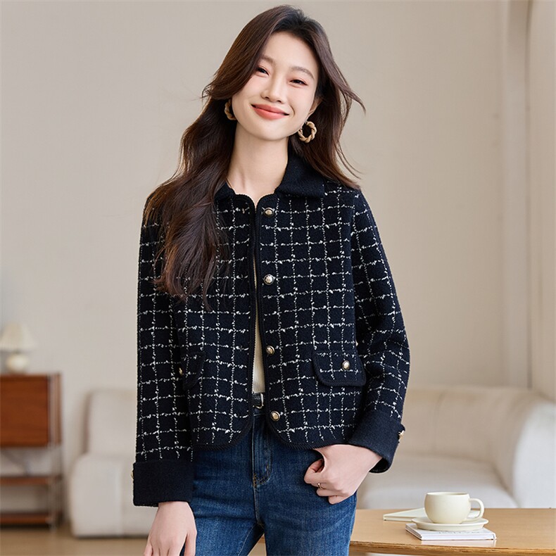 小香风格子短款外套女装2025春秋新款小个子休闲气质翻领开衫上衣,针织衫/毛衣,韩然一族
