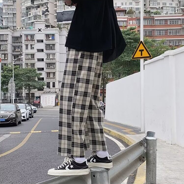 K62#-P30格子休闲裤子潮夏季薄款宽松显瘦百搭直筒裤高腰,男装休闲裤,电商B323A