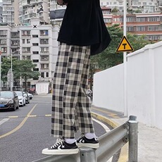 K62#-P30格子休闲裤子潮夏季薄款宽松显瘦百搭直筒裤高腰，男装休闲裤，电商B323A