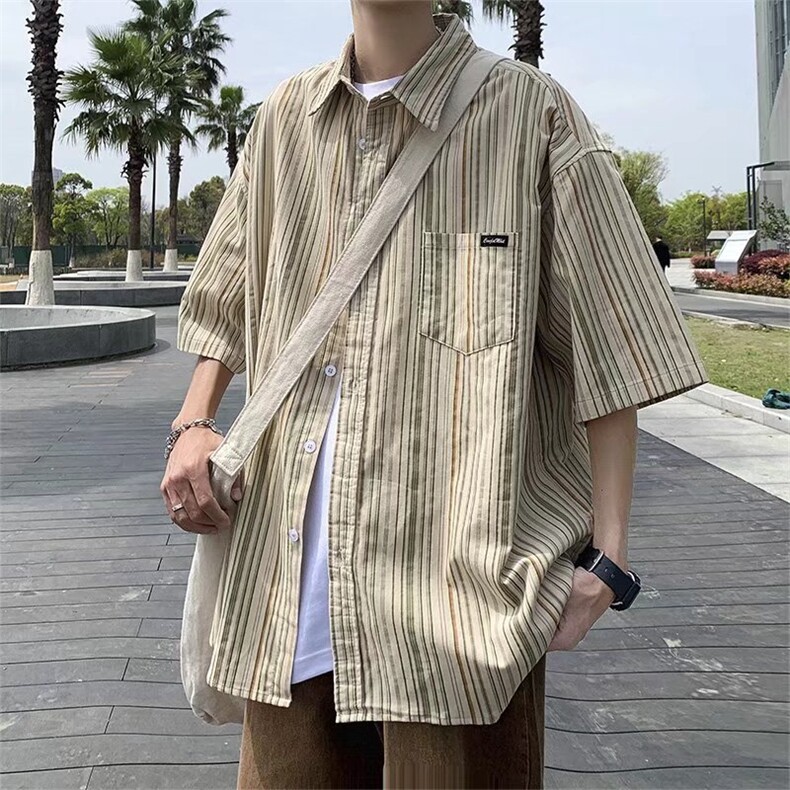 港风竖条纹五分袖衬衫夏季新款韩版宽松韩版翻领上衣 W3100-P28图片