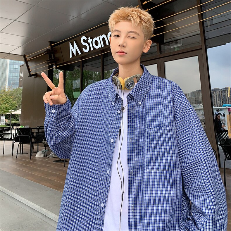 特批P35无差价秋新时尚复古翻领格子衬衫男休闲百搭衬衣外套C2555，男装衬衫，电商A001