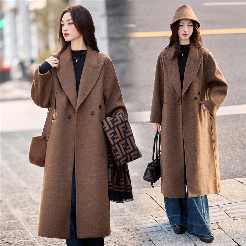 现货手工缝制冬季保暖新款时尚舒适帽子可拆卸长款双面呢大衣活帽，女装双面呢大衣，丽美静依