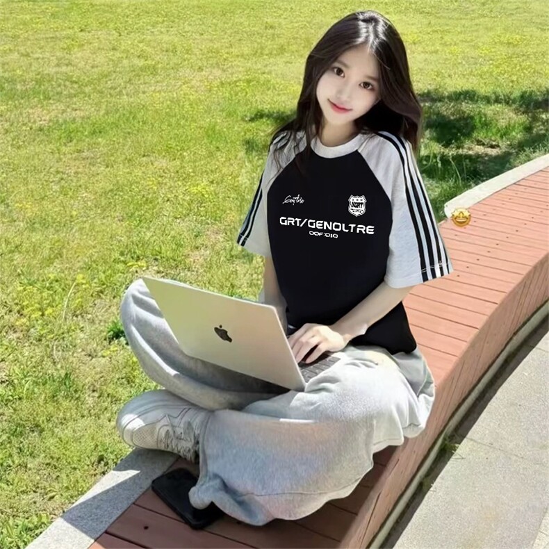 抖音得物品质二开240克宽松纯棉美式潮牌插肩三杠织带短袖T恤，男装T恤，电商A486